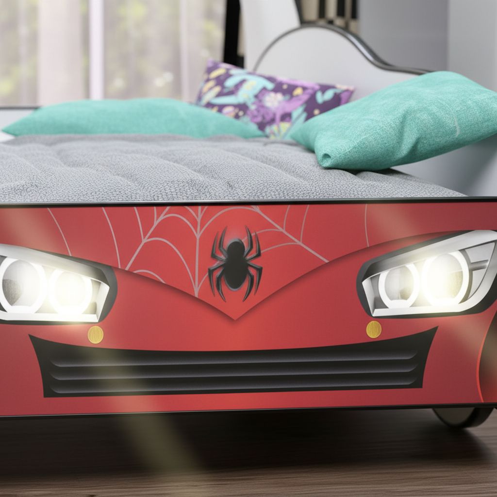 Zoom fari LED letto Spider-Man griglia frontale simbolo ragno FULL HD