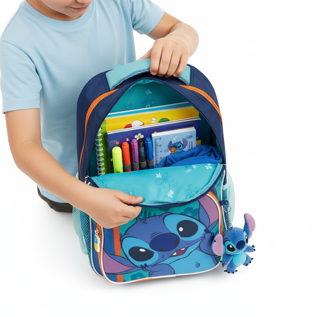 Bambino apre trolley Lilo & Stitch mostrando scomparti interni