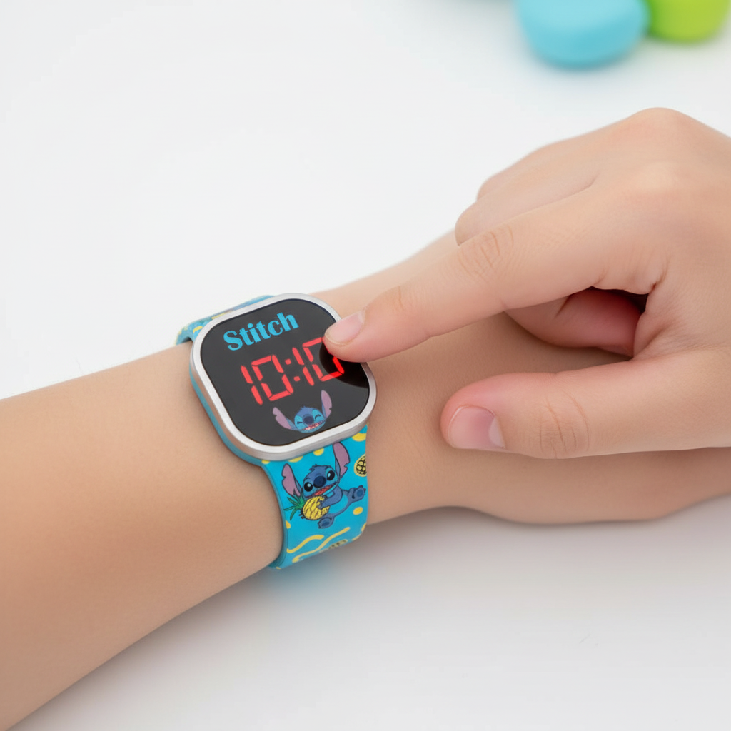 Bambino attiva display LED premendo pulsante orologio