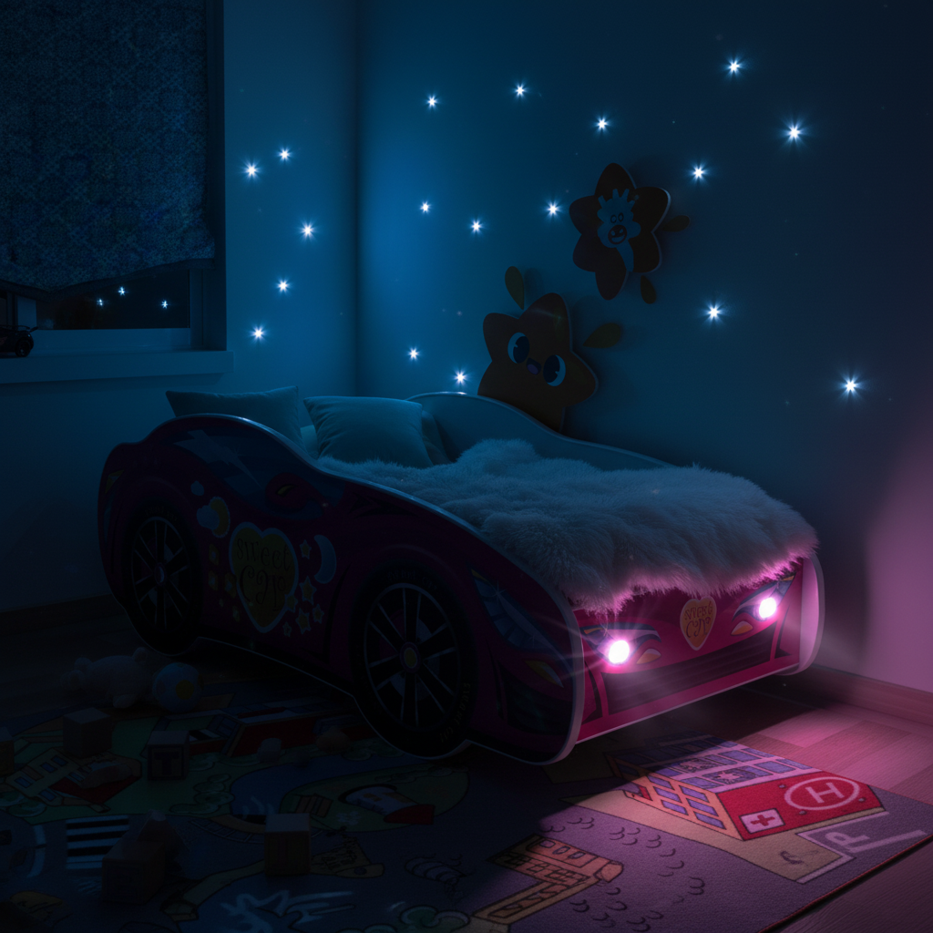 Letto Sweet Car con luci LED accese di notte atmosfera magica