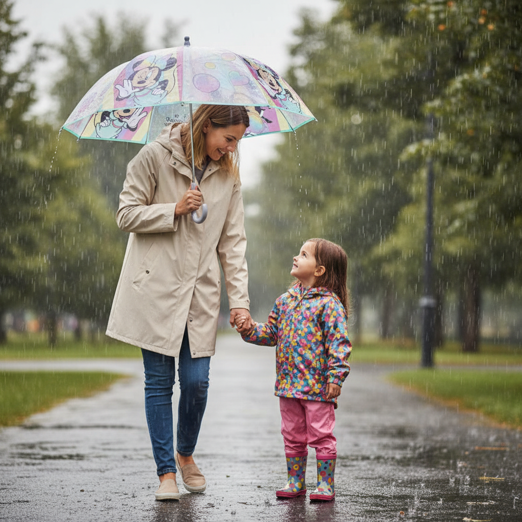 Mamma e bambina con ombrello Minnie trasparente camminano mano nella mano