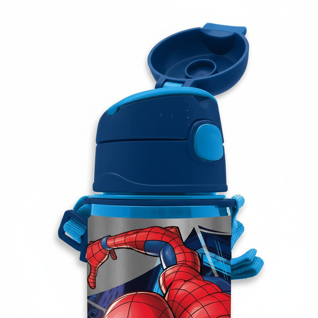 Dettaglio tappo flip-top e tracolla borraccia Spiderman