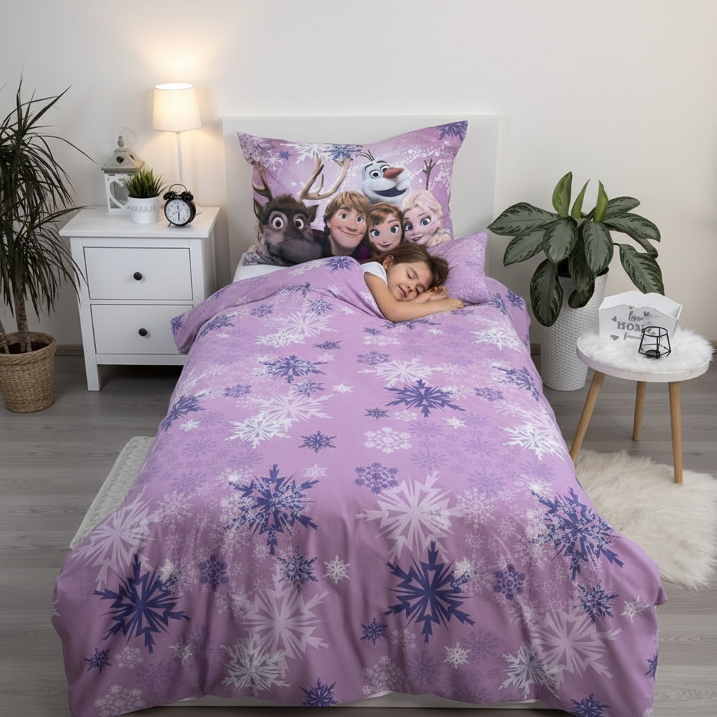 Bambina dorme serenamente con set letto Frozen doubleface viola