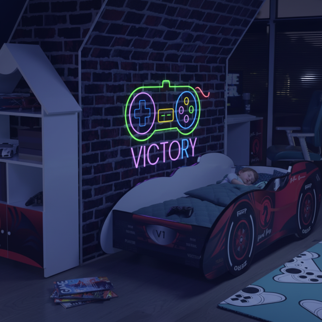 Bambino dorme serenamente nel letto auto F1 Victory Final Boss