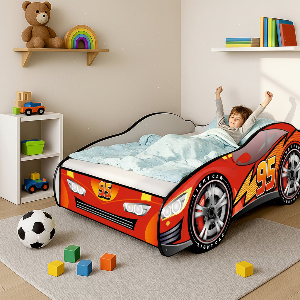 Bambino sveglia mattino letto Cars 95 sole scaffale orsacchiotto FOTOREALISTICO