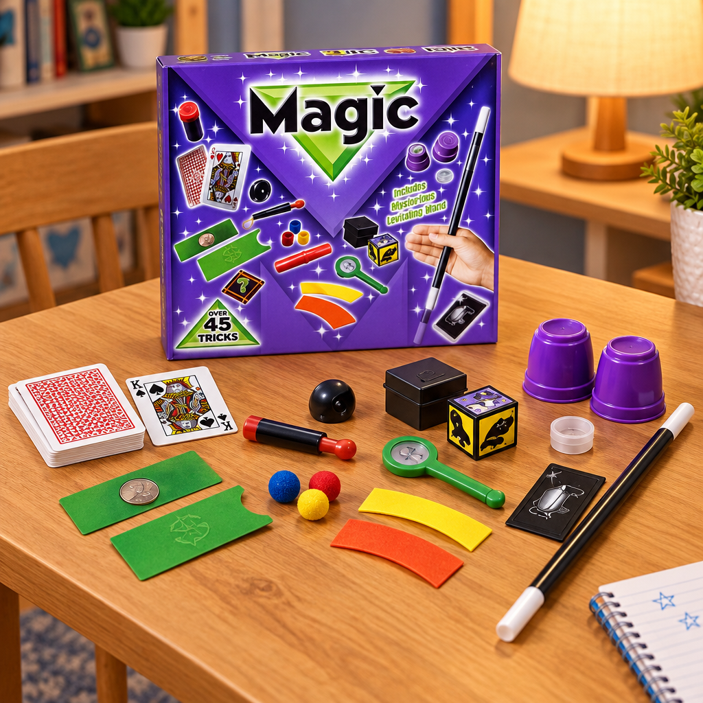 Set di magia in scatola viola e verde con accessori visibili su un tavolo da gioco