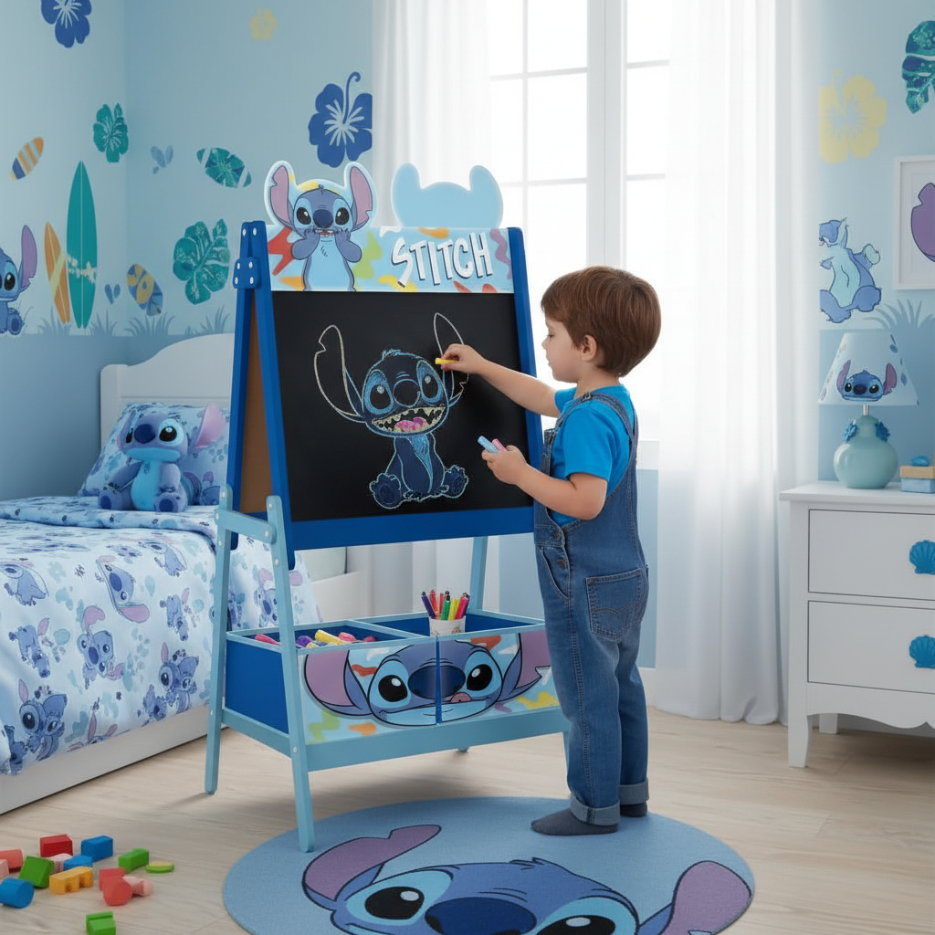 Bambino disegna sulla lavagna nera cavalletto Stitch con gessetti colorati