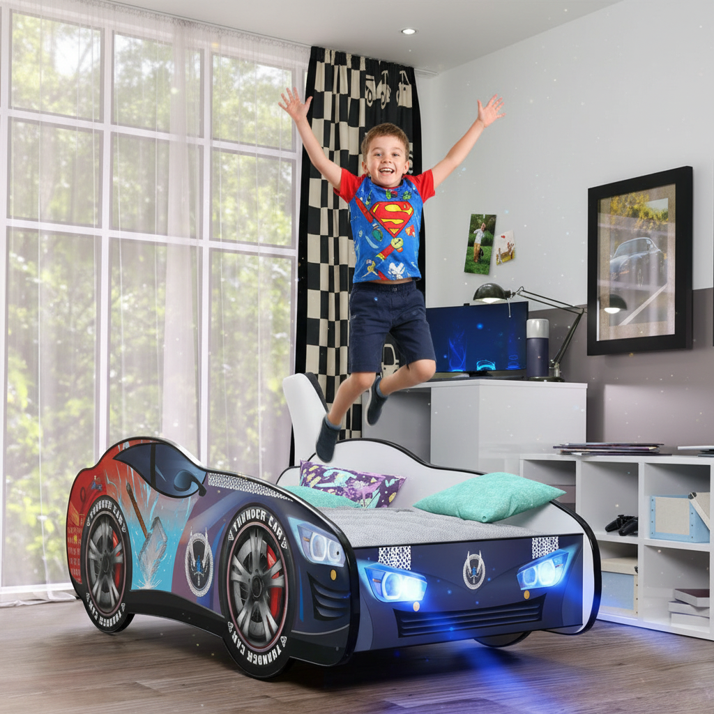 Bambino salta felice su letto Thunder LED gioco energico