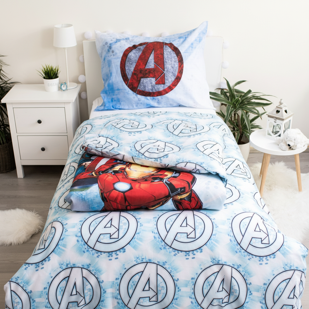 Set letto Avengers doubleface piegato mostrando entrambi i lati