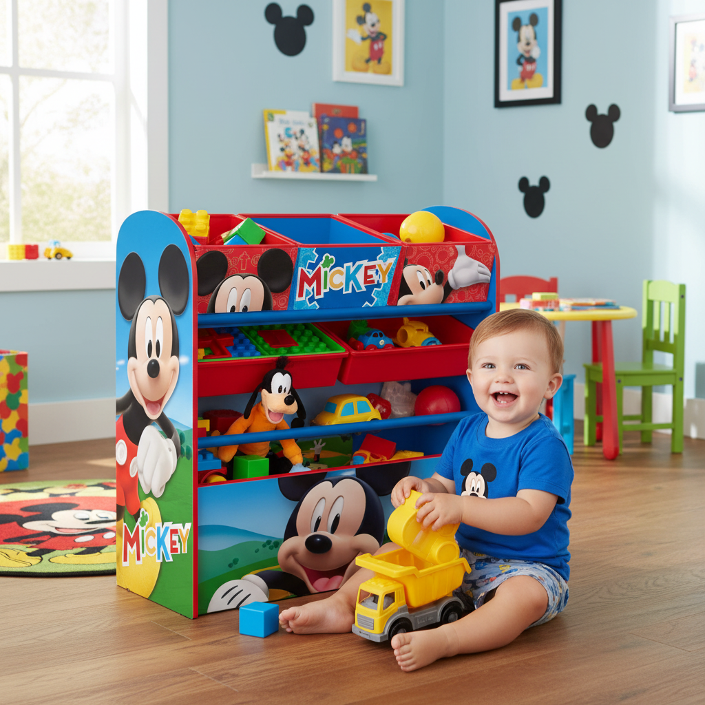 Bambino felice gioca davanti all'organizer Mickey Mouse
