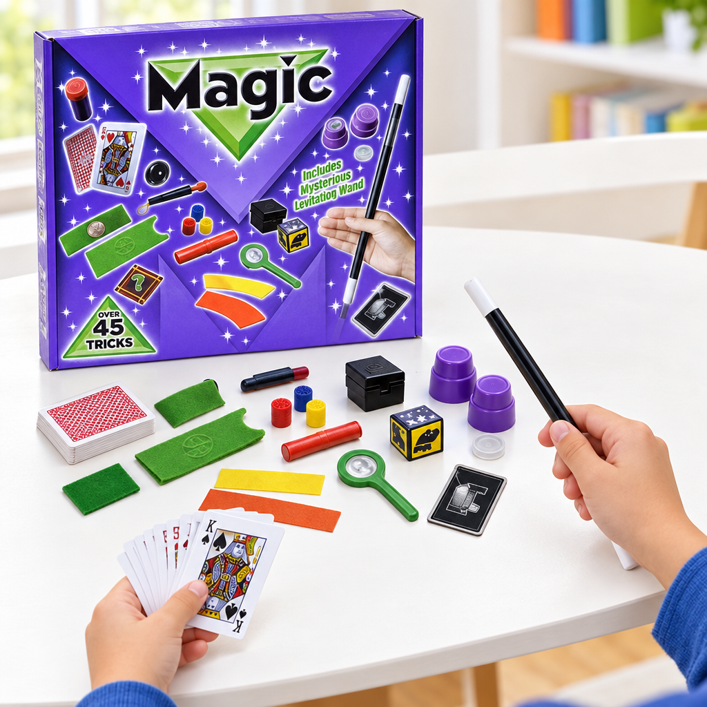 Mani che preparano bacchetta e carte del set di magia su un tavolo