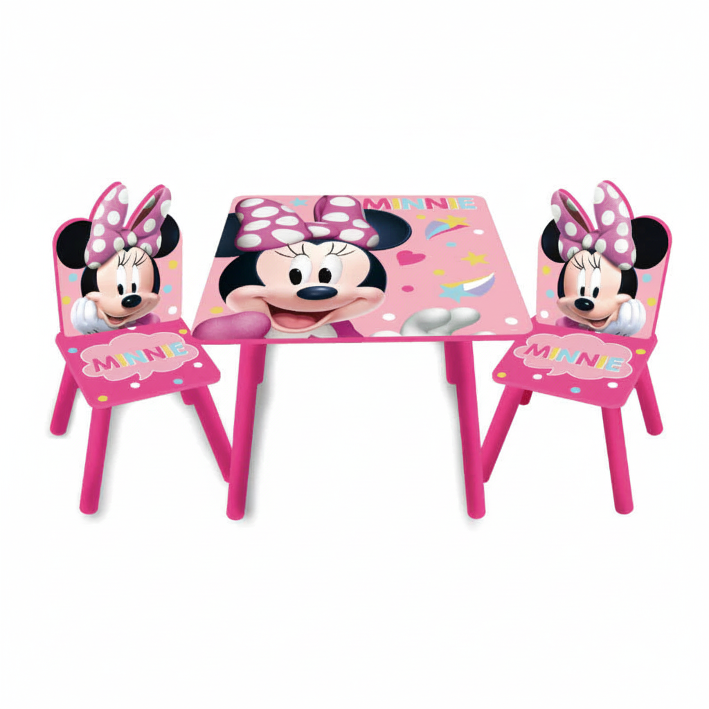 Dettaglio set tavolo e sedie Minnie Mouse rosa con fiocco a pois
