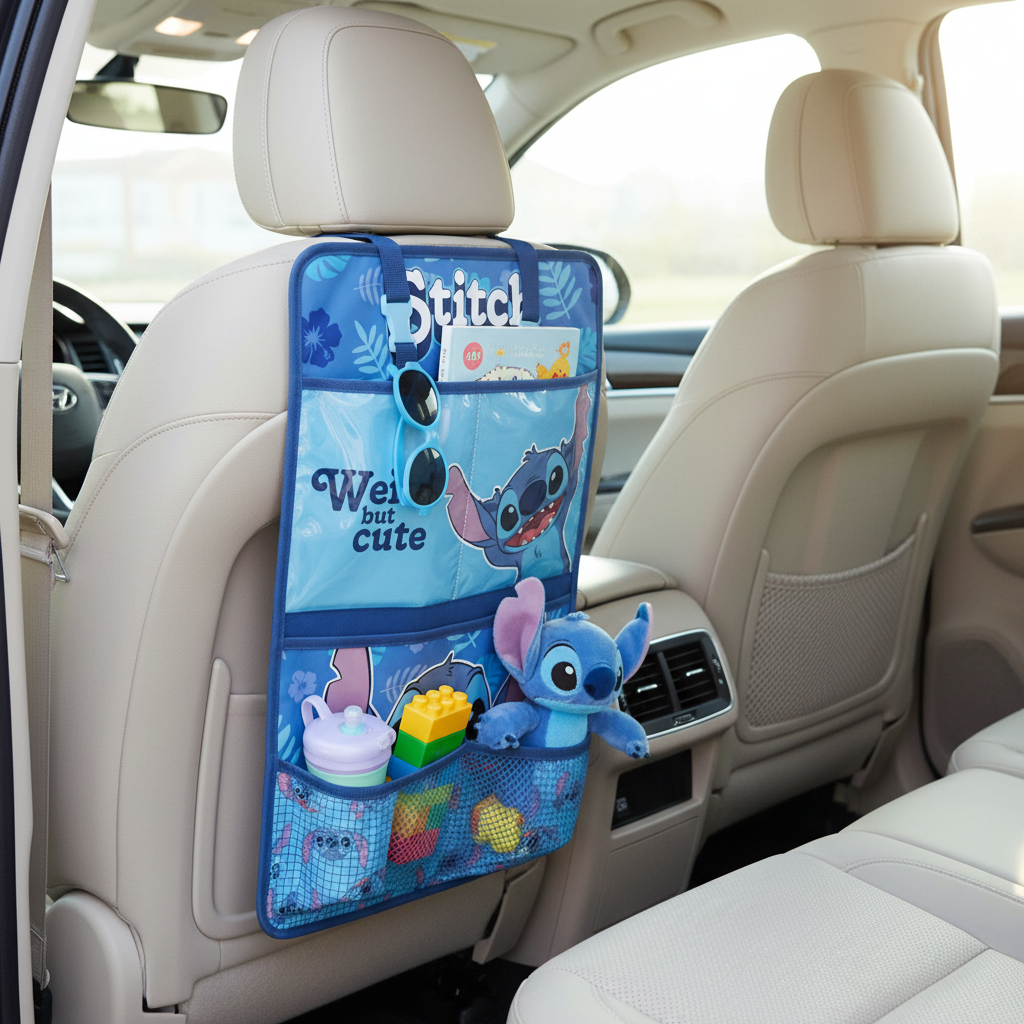 Organizer Stitch installato su sedile auto con giocattoli