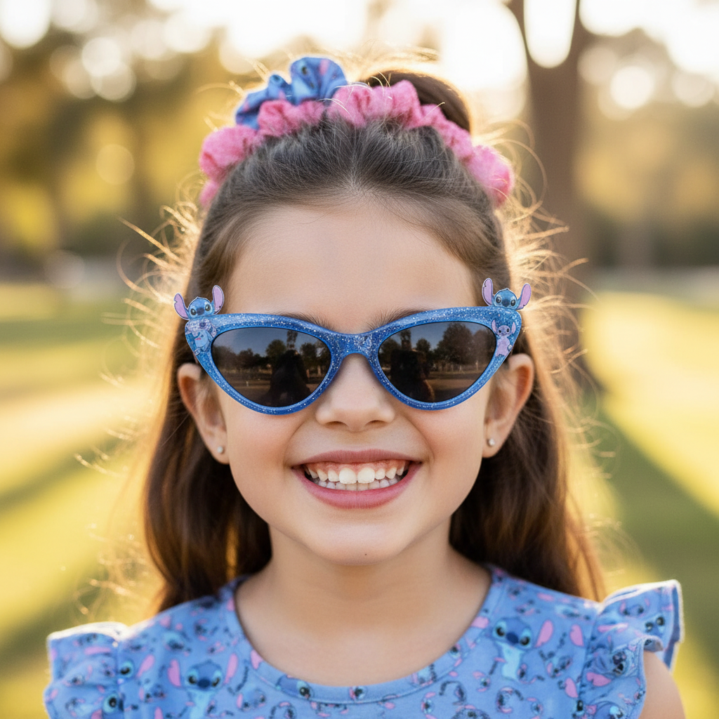 Close-up bambina sorridente con occhiali Stitch e scrunchies