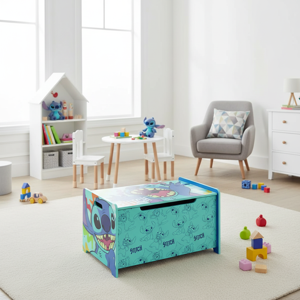 Portagiochi legno Disney Lilo & Stitch in cameretta moderna con arredamento bianco