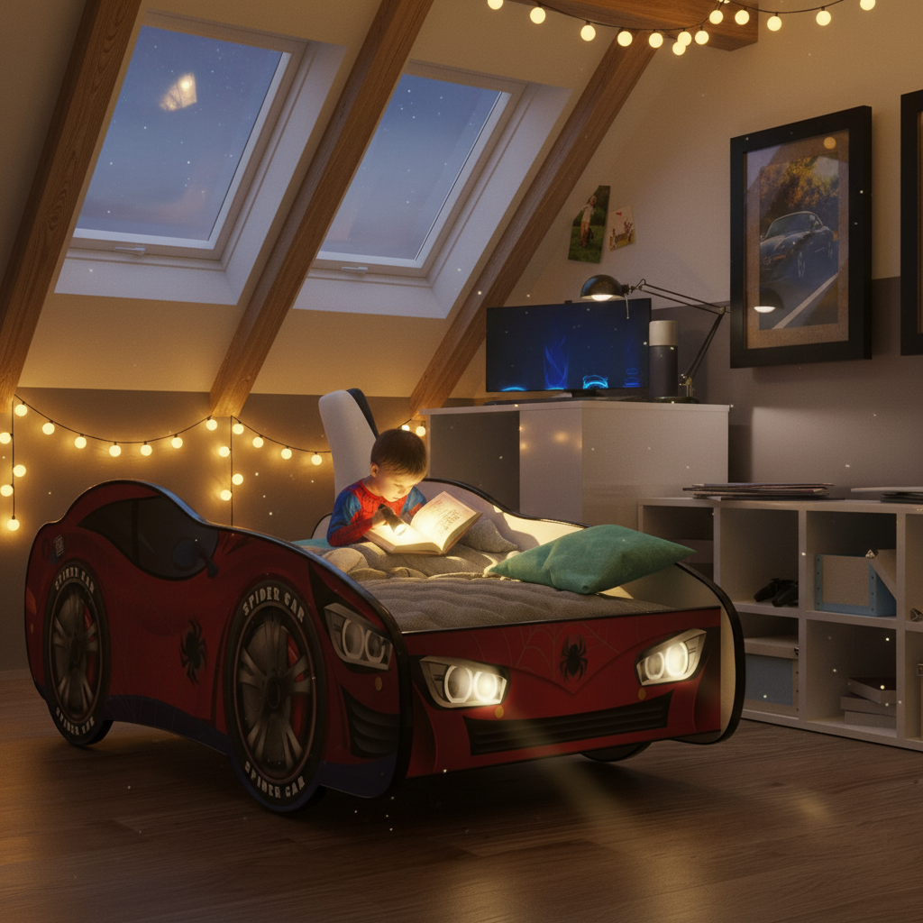Letto Spider-Man mansarda soffitto inclinato luci bambino legge