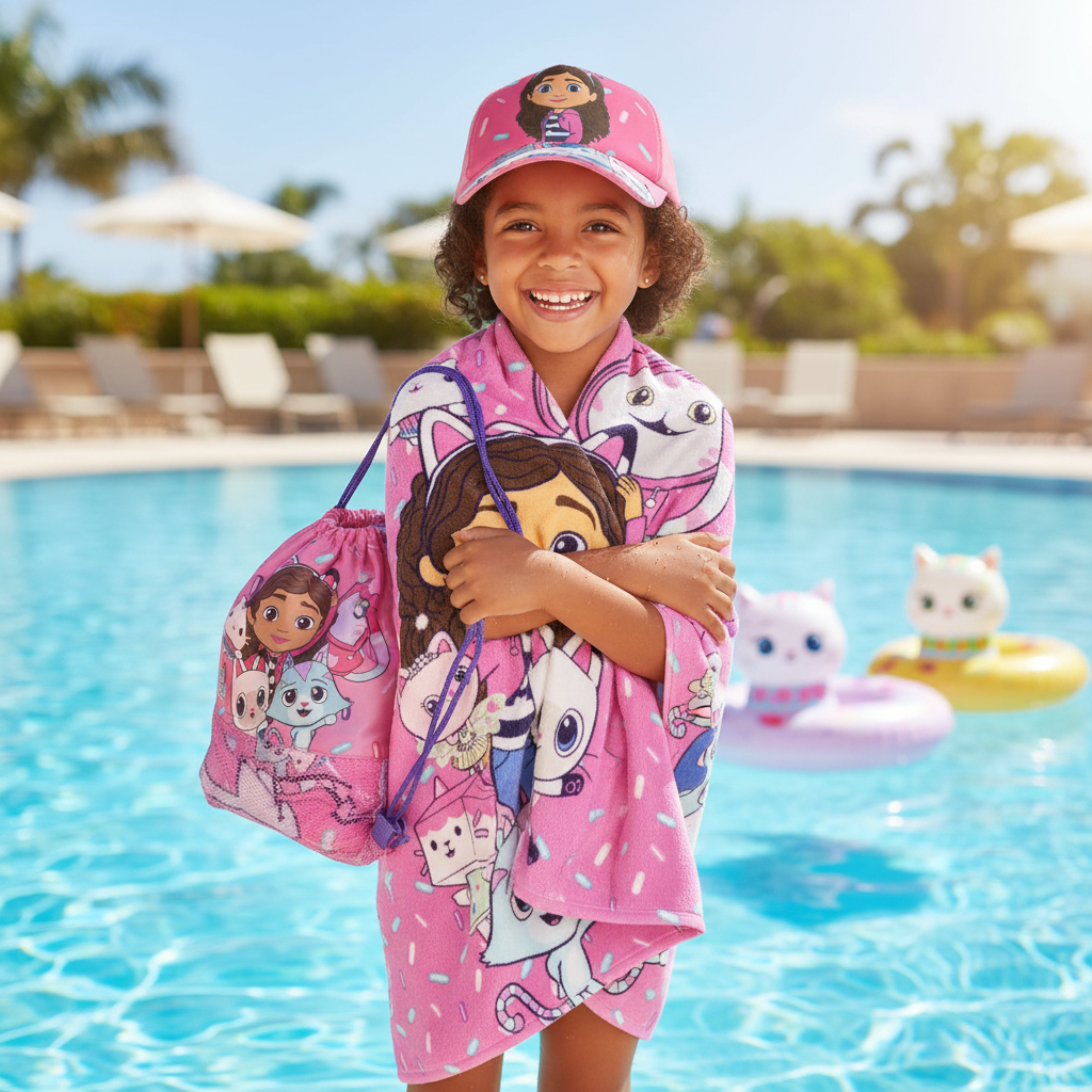 Bambina felice in piscina con set completo Gabby's Dollhouse rosa