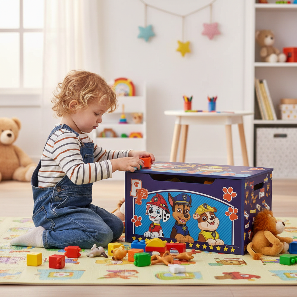 Bambino che gioca accanto al contenitore Paw Patrol in sala giochi - lifestyle HD