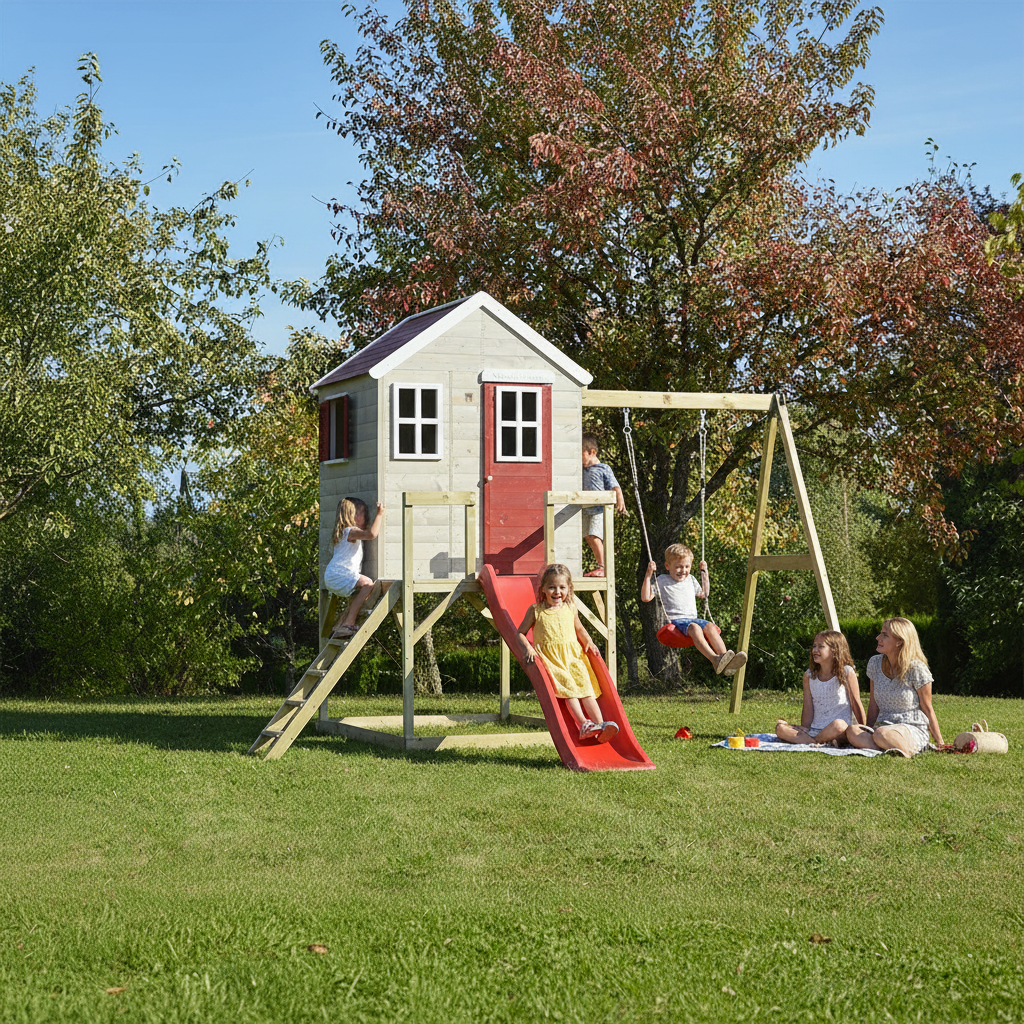 Vista completa casetta playhouse M24 con altalena in giardino