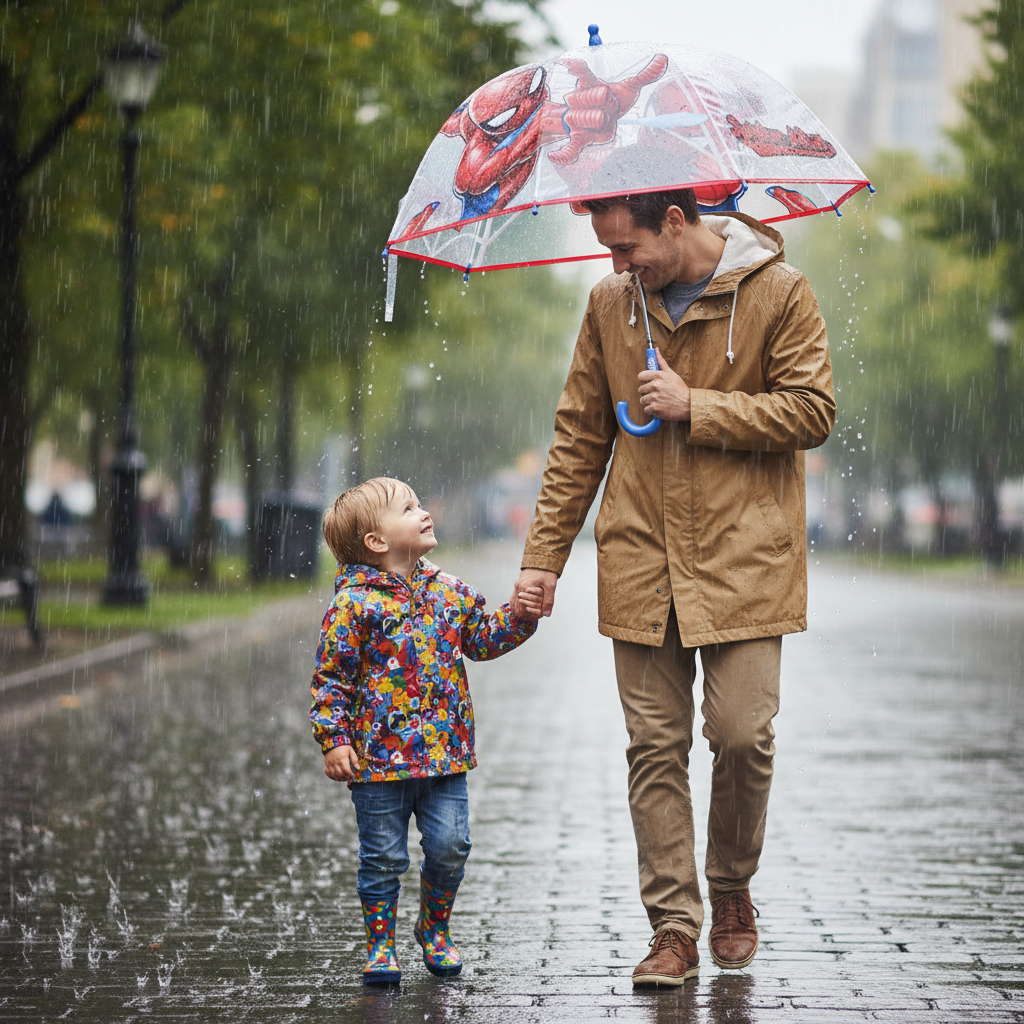 Genitore e bambino con ombrello Spiderman trasparente camminano mano nella mano