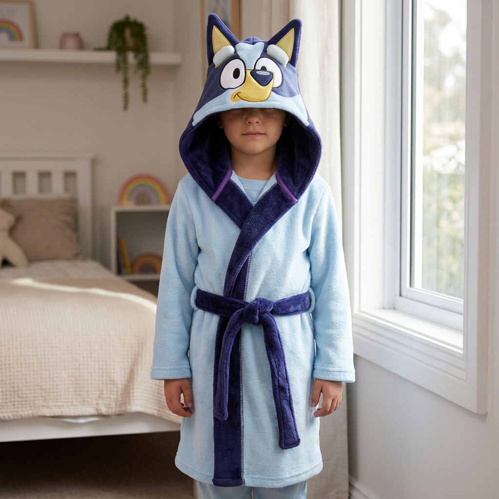 Accappatoio Bluey per bambini indossato vicino alla finestra
