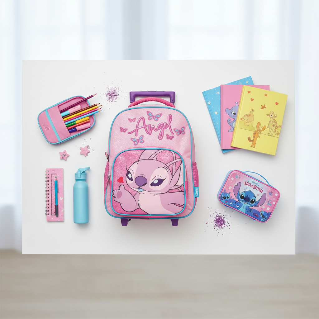 Trolley Angel Lilo & Stitch con materiale scolastico su scrivania