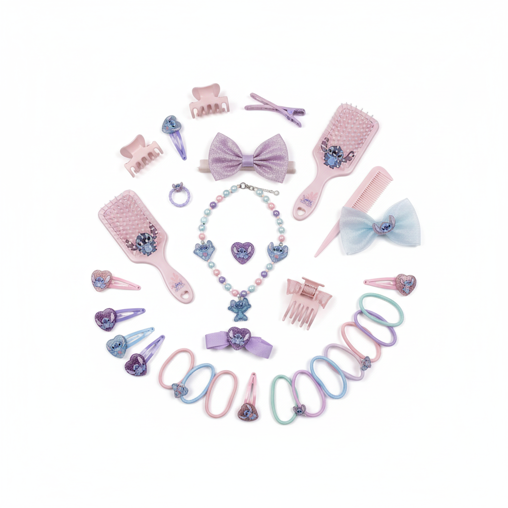 Set completo accessori Stitch disposti su sfondo bianco