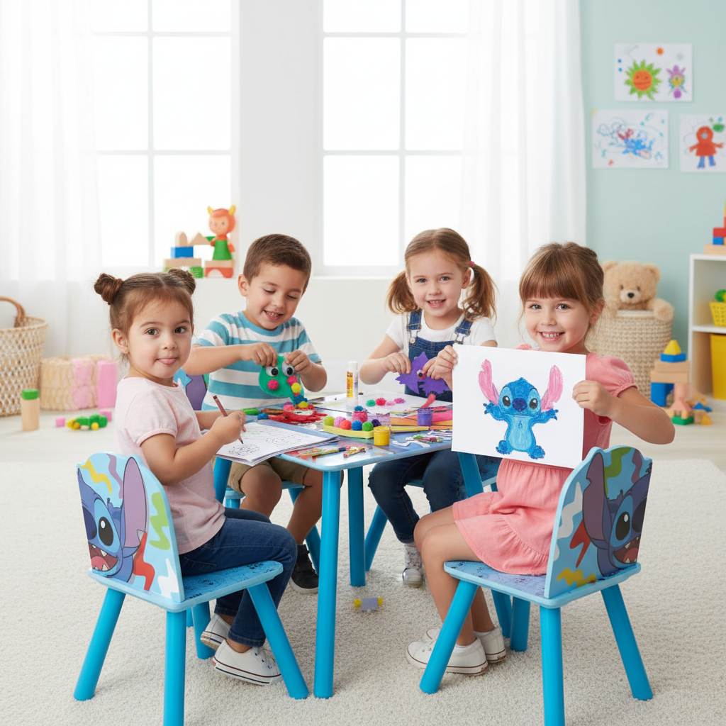 Bambini fanno lavoretti creativi a tavolo Stitch