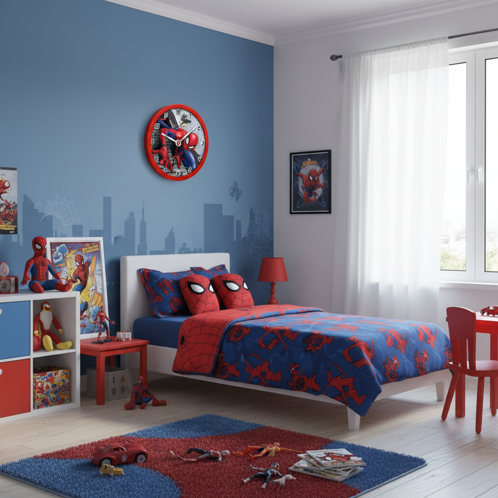 Cameretta bambino a tema Spiderman con orologio da parete