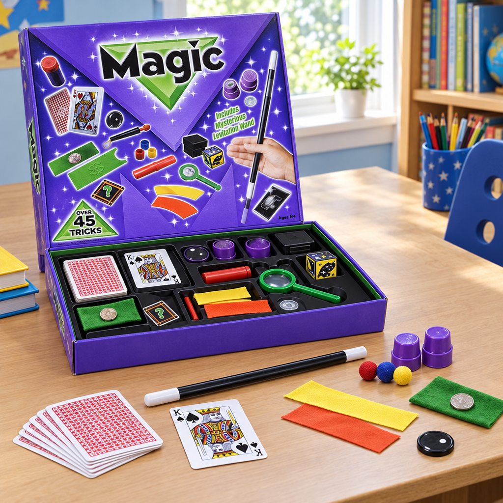 Set di magia in scatola viola e verde con accessori disposti accanto alla confezione