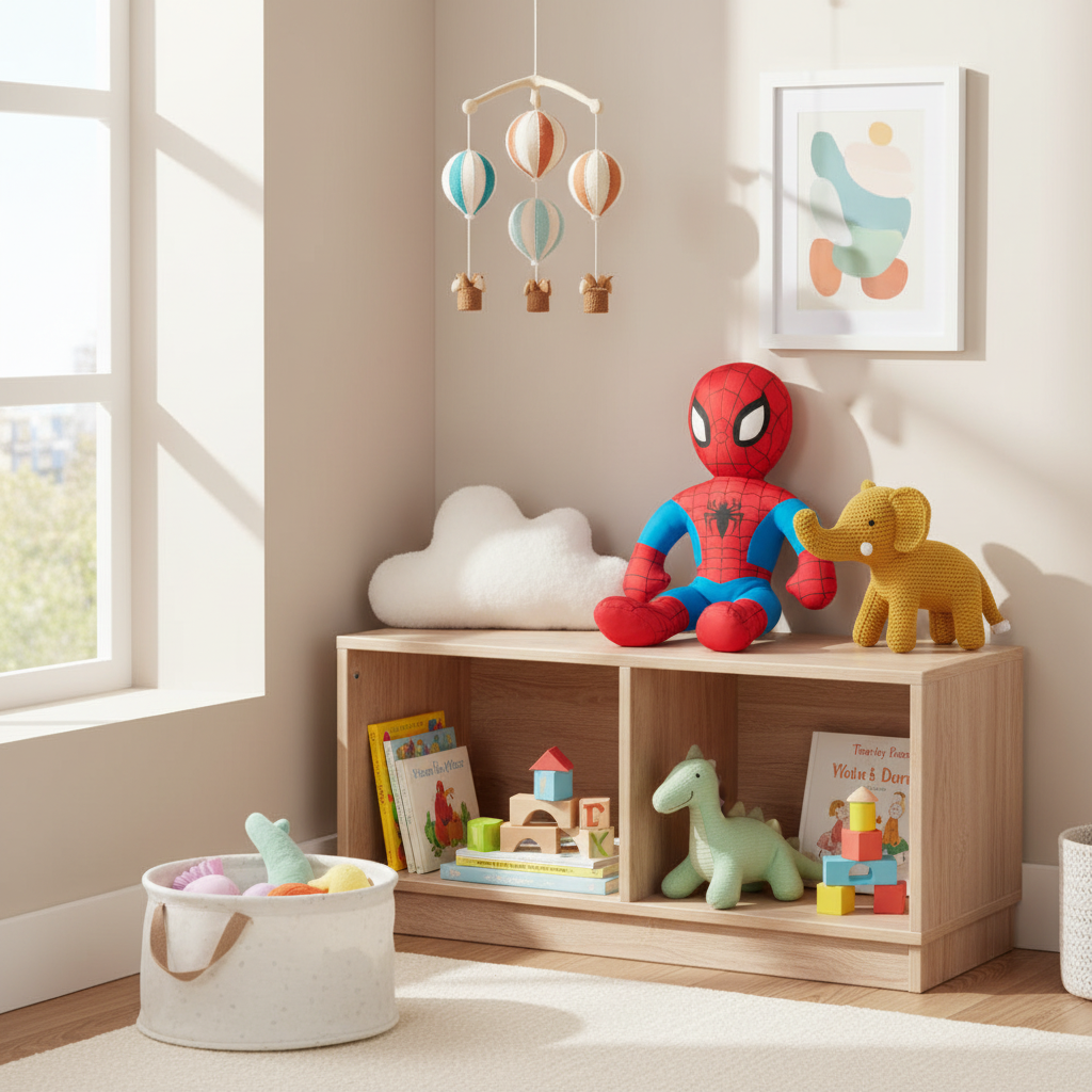 Peluche Spiderman in playroom moderna collezione giocattoli
