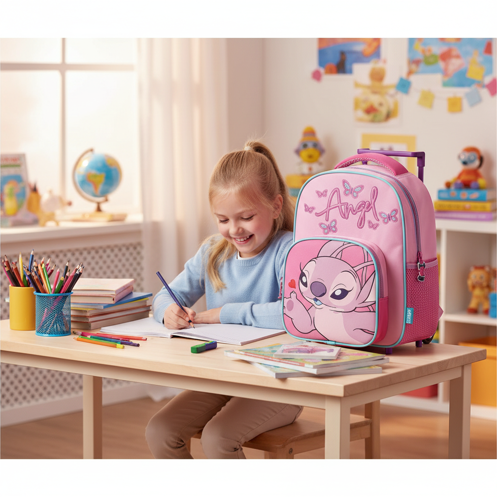 Trolley Angel Lilo & Stitch accanto a scrivania bambina con libri