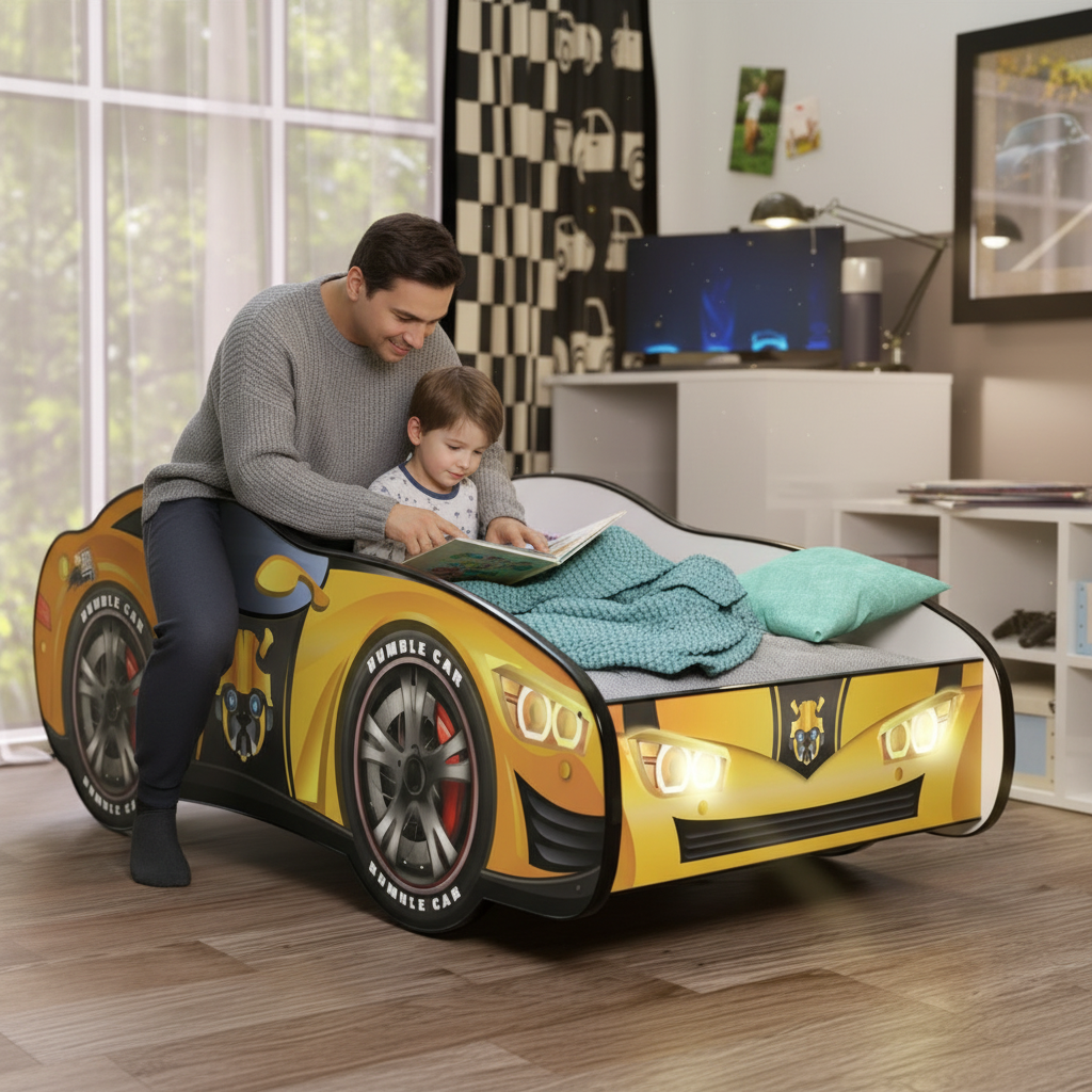 Genitore bambino leggono favola letto Transformer momento famiglia