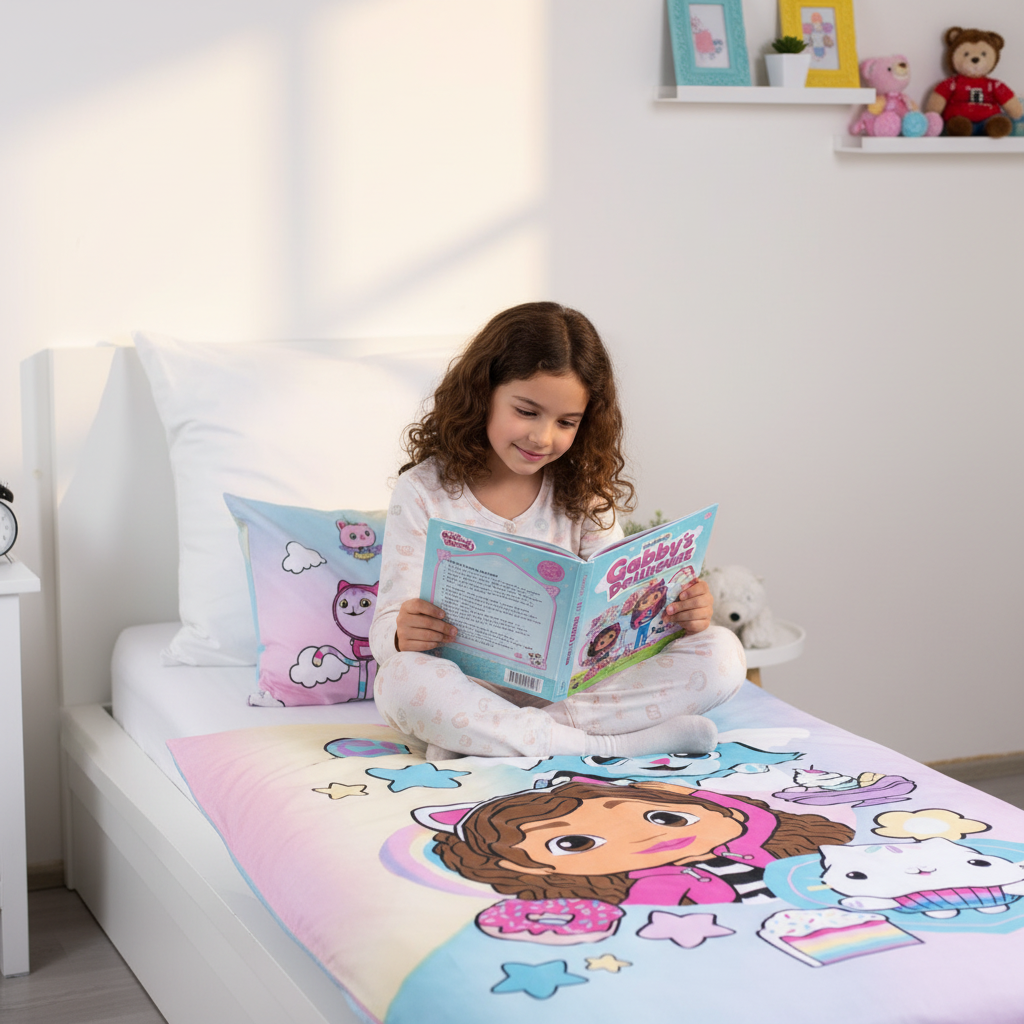 Bambina legge libro Gabby's Dollhouse sul letto doubleface