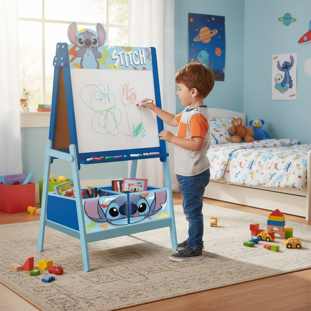 Bambino usa pennarelli sulla lavagna bianca cavalletto Stitch