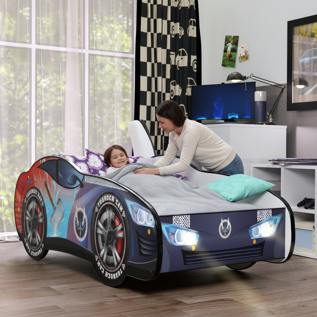 Genitore rimbocca coperte bambino letto Thunder sera momento famiglia