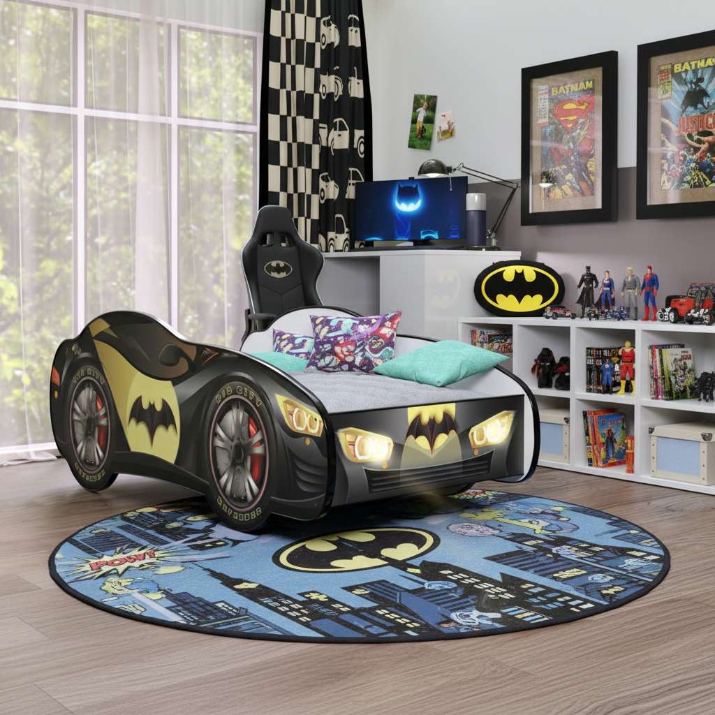 Cameretta decorata tema supereroi con letto Batman