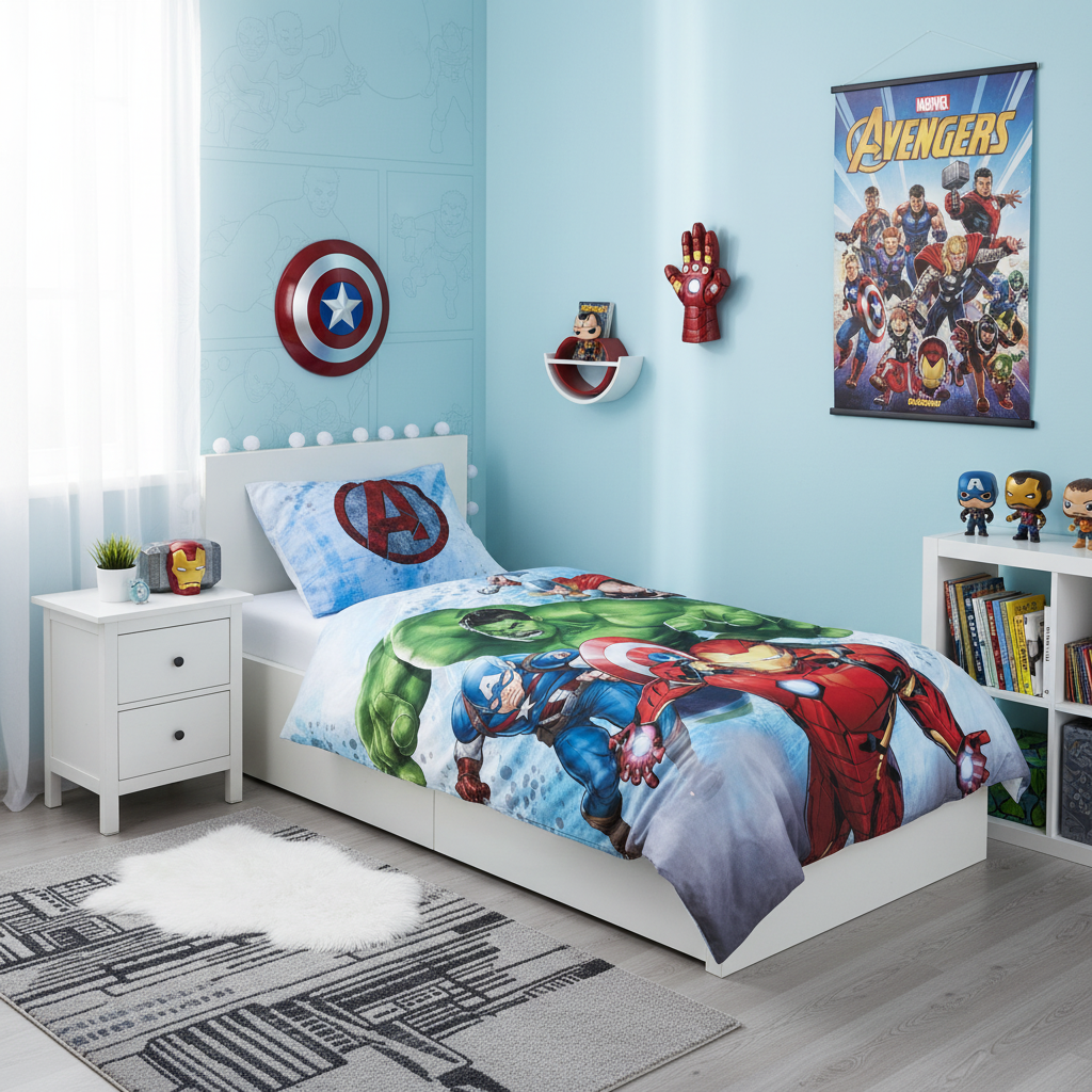 Cameretta stile supereroi con set letto Avengers doubleface completo