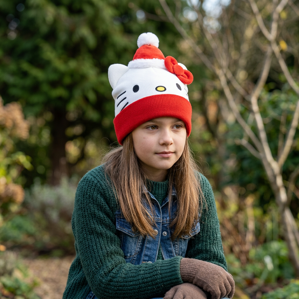 Bambina con cappello Hello Kitty in giardino