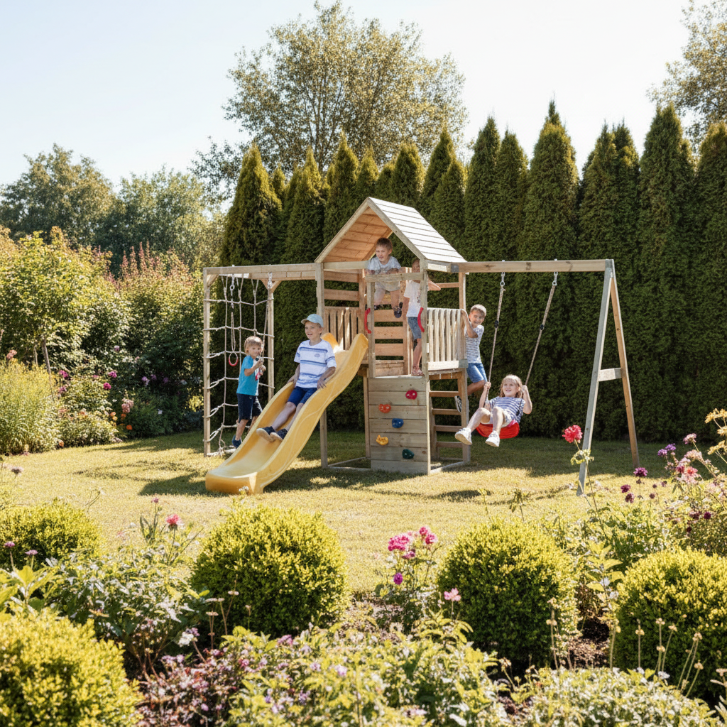 Vista grandangolare torre con tetto e balcone - bambini che giocano