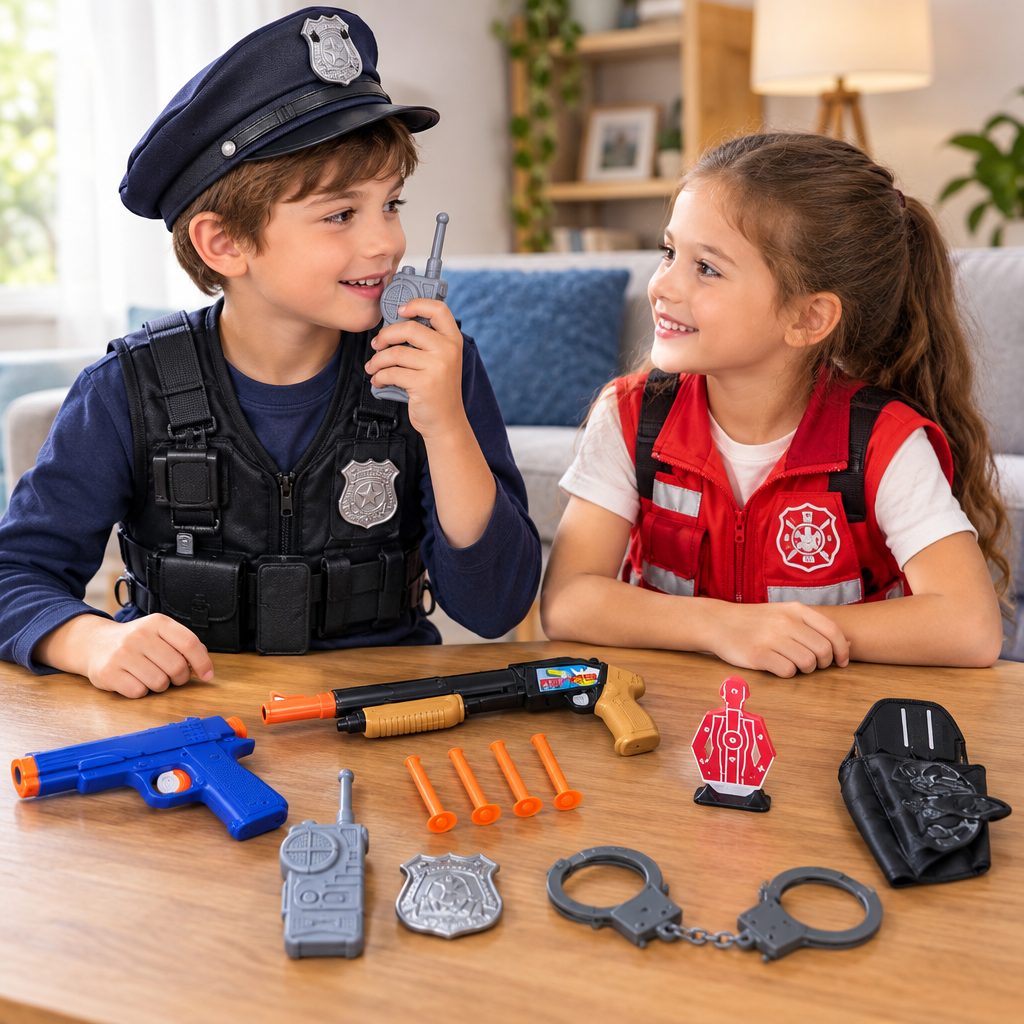 Due fratelli si divertono con il walkie-talkie e gli accessori del set polizia.