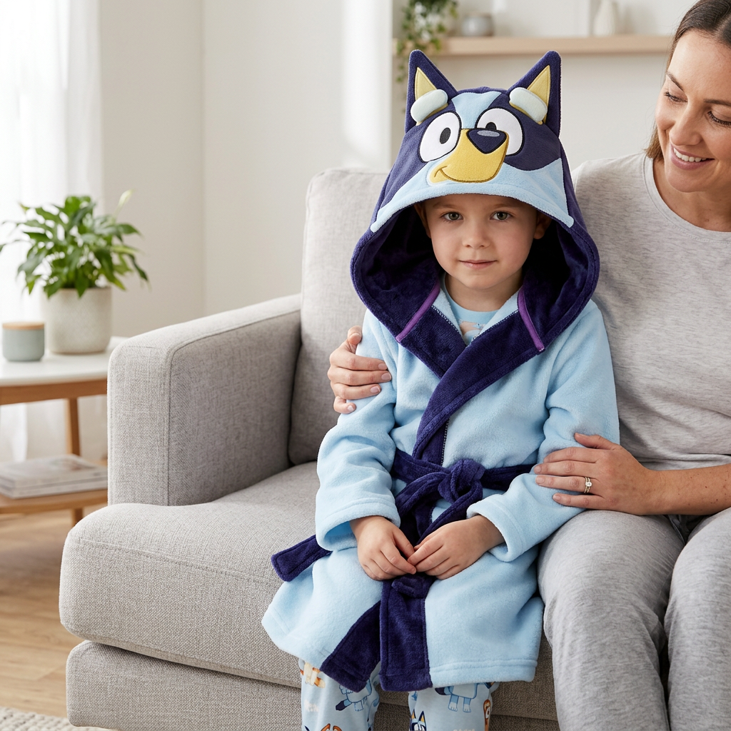 Accappatoio Bluey in pile indossato in una scena di relax in famiglia
