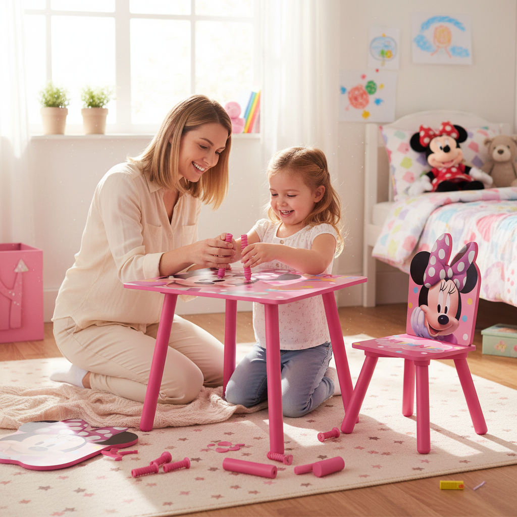 Mamma e bambina montano insieme tavolo Minnie Mouse