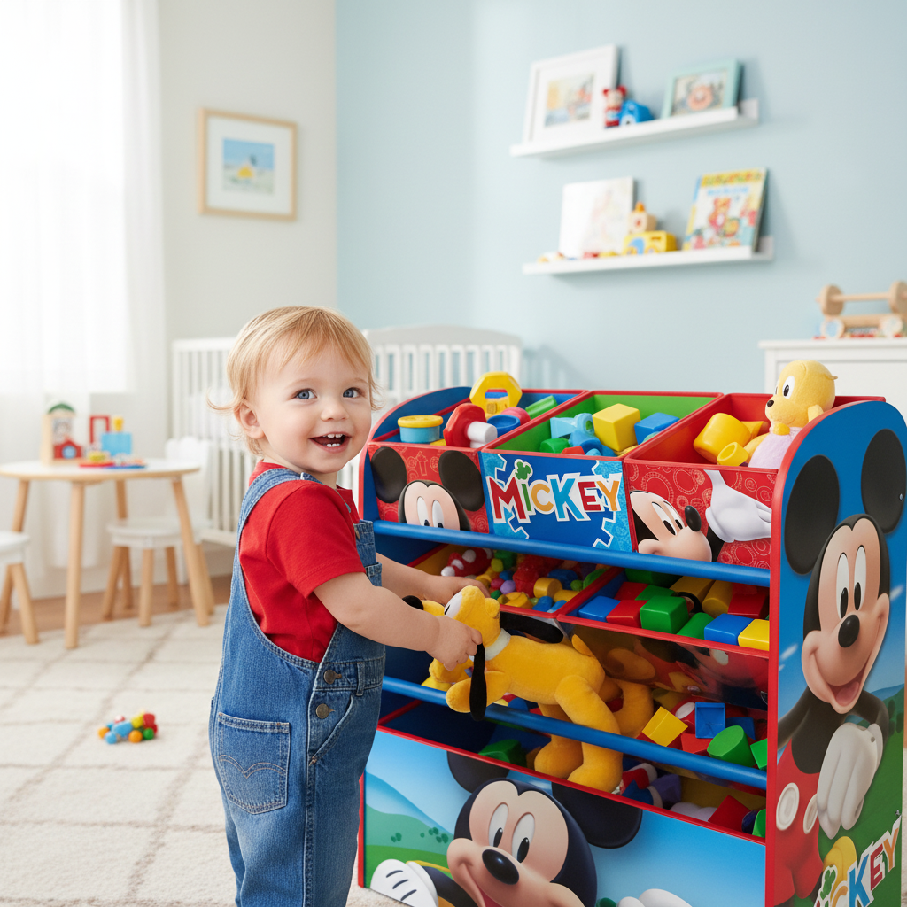 Bambino prende giocattolo dall'organizer Mickey Mouse