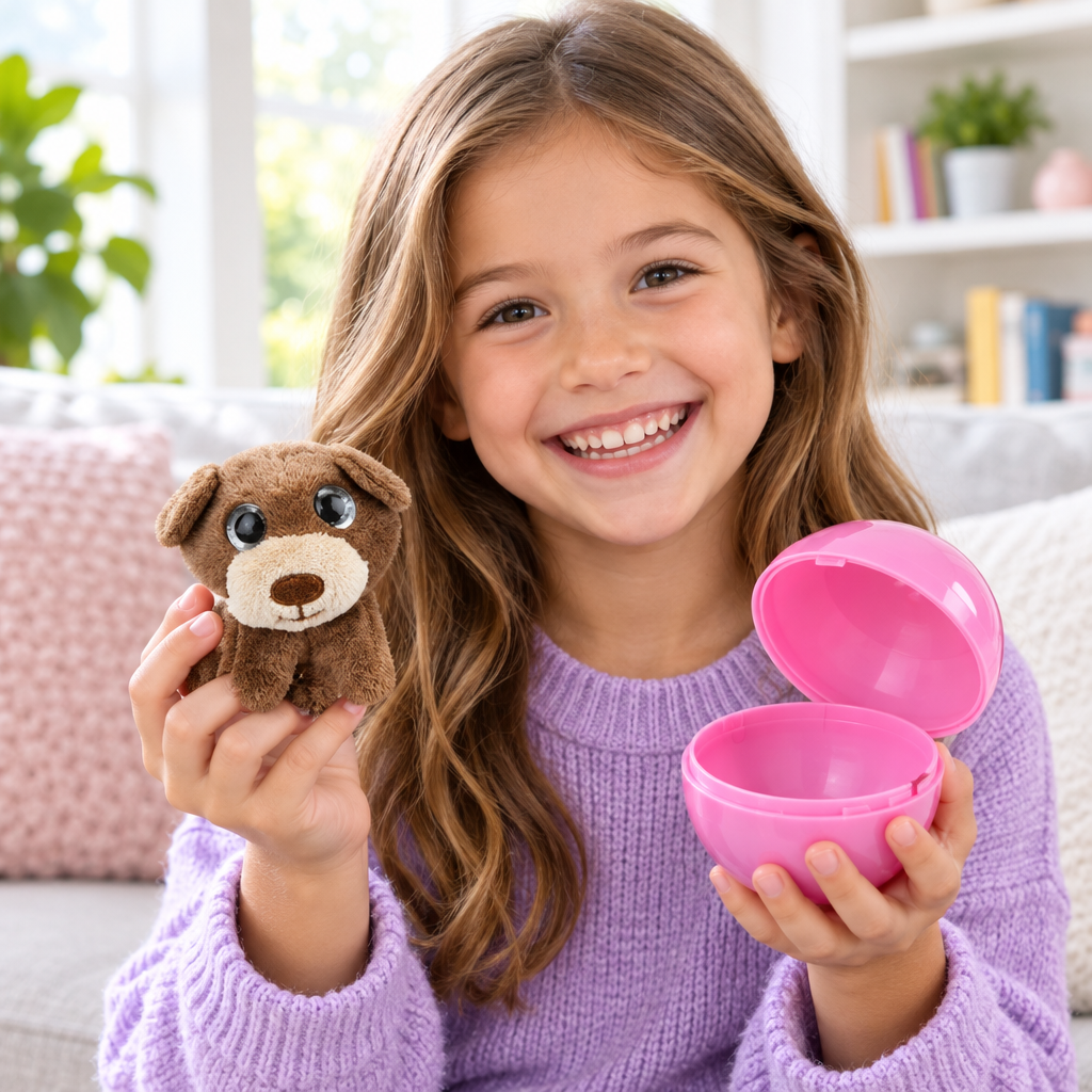 Bambino che tiene il peluche cucciolo marrone e la capsula sorpresa rosa aperta