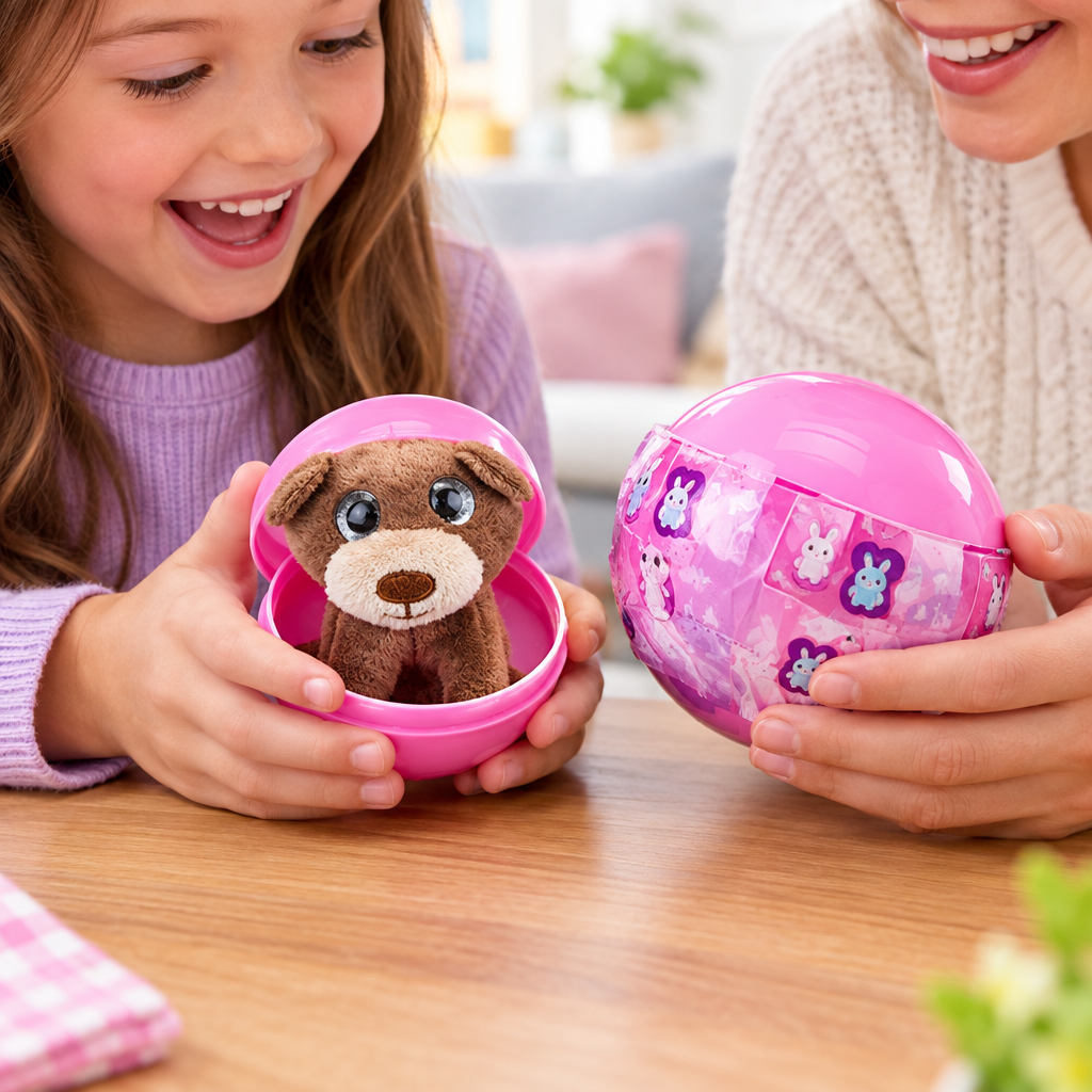 Bambino e adulto scoprono il peluche marrone nella capsula rosa