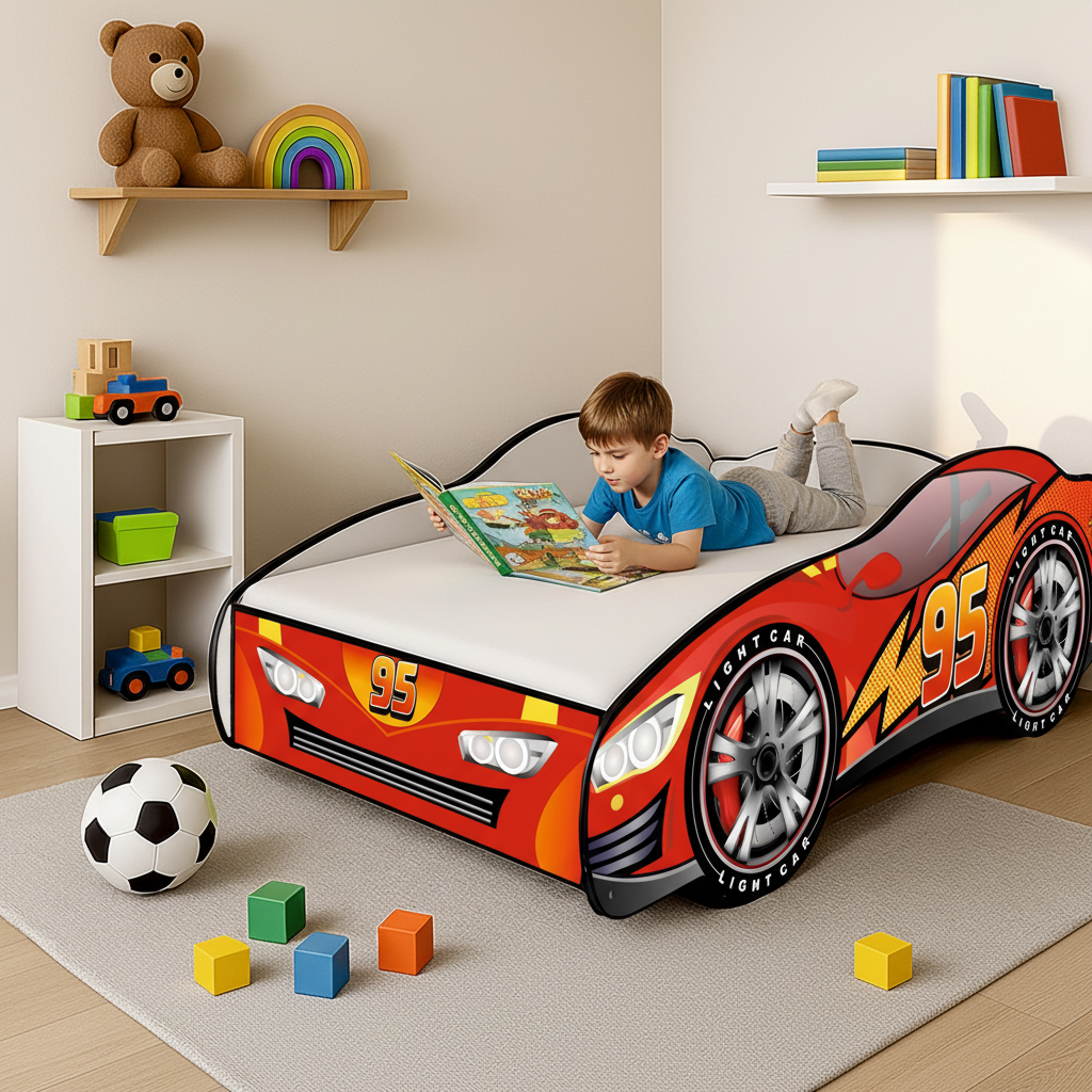 Bambino legge libro letto Cars 95 scaffale bianco giocattoli pallone FOTOREALISTICO