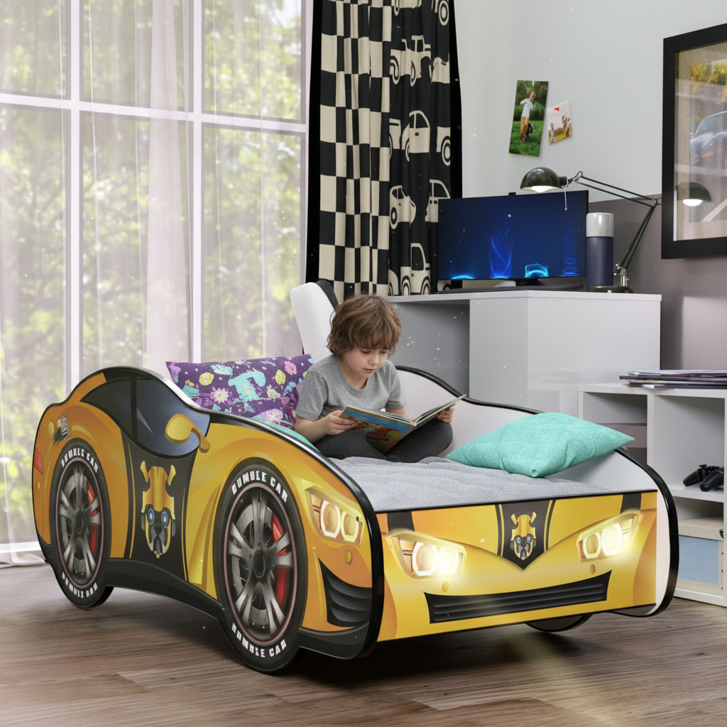 Bambino legge libro su letto Robot Transformer atmosfera accogliente
