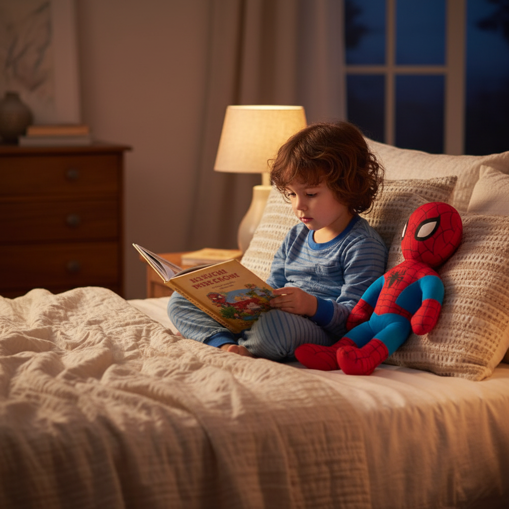 Bambino legge storia con peluche Spiderman compagno nanna