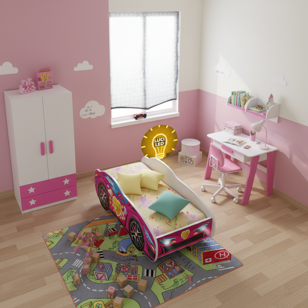 Vista dall'alto cameretta completa con letto macchina rosa